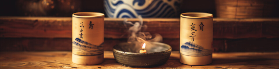 Serene tea ceremony setup with incense - obrazy, fototapety, plakaty