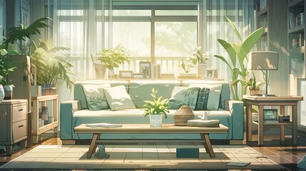 Bohemian living room with gray sofa and yellow accents in anime style illustration