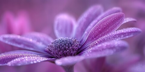 Close-up of a purple daisy with water droplets on petals, with a soft-focus purple background.