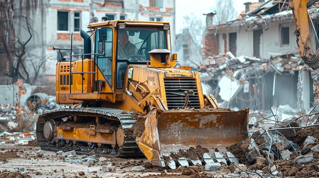 Portrait of a bulldozer demolishes buildings in day light with a big space for text or product and a blurry backdrop, Generative AI.