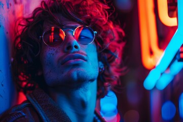 Stylish man with curly hair and sunglasses against a neon-lit backdrop giving a cool vibe.