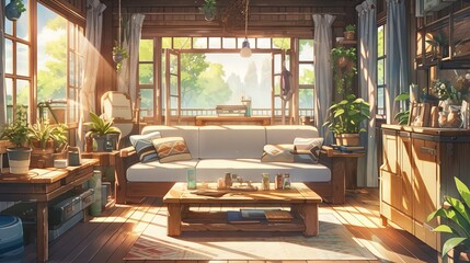 Fototapeta premium Cozy and stylish grey attic living room with sofa and plants, anime-style illustration with bright light effects