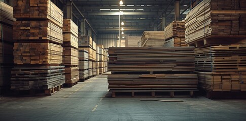 Large warehouse filled with wooden pallets illuminated by natural light from large windows
