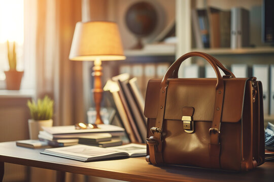 A brown leather briefcase rests on a sturdy wooden desk, surrounded by a table lamp, a shoulder bag, a plant, and a picture frame