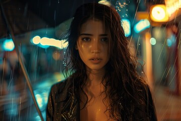 An evocative portrait of a woman's soulful look during a rainy night, city lights creating a dramatic backdrop.