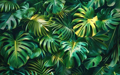 Lush green tropical monstera leaves background, dense jungle foliage, natural leaf pattern.