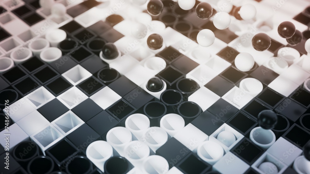 Poster monochromatic orbs float above a chessboard, creating a 3d play of shadow and light.