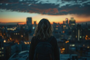 A contemplative woman stands with her back to the viewer, watching a stunning sunset over a cityscape of high-rises and lights. - obrazy, fototapety, plakaty
