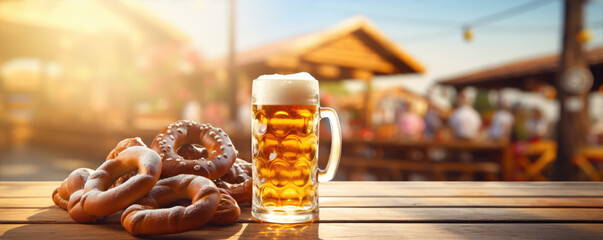 Oktoberfest beer on wooden table with pretzels.