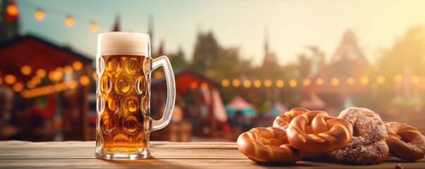 Oktoberfest beer on wooden table with pretzels.
