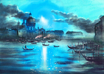 Watercolor picture of Venice canal with gondolas, beautiful venetian palaces at night (This illustration was created without the use of artificial intelligence!) - obrazy, fototapety, plakaty