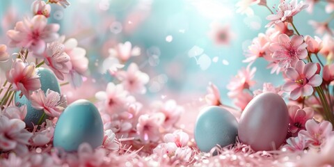 Fototapeta na wymiar Easter composition pink and blue eggs and spring blossom flowers on pastel background. Banner. Copy space. Greeting card. Close up