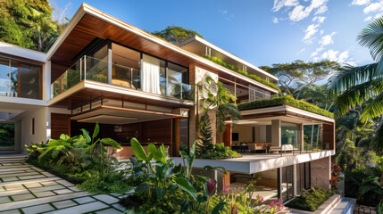 Fototapeta na wymiar a modern luxury villa with many tropical plants