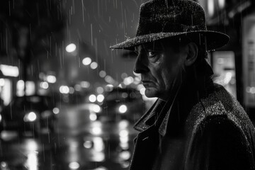 A classic noir scene with a man in a fedora and trench coat, standing in the rain on a city street at night. - obrazy, fototapety, plakaty