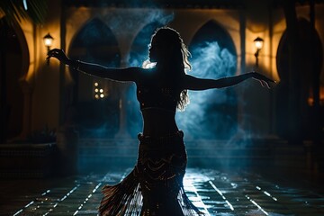 An exotic belly dancer showcases her art in a mystical oriental palace setting, with intricate costume details highlighted. - obrazy, fototapety, plakaty