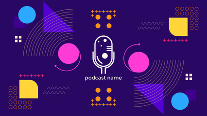 ABSTRACT TEMPLATE PODCAST MICROPHONE FLAT COLOR GEOMETRIC SHAPE MEMPHIS DESIGN PURPLE BACKGROUND VECTOR. GOOD FOR COVER DESIGN, BANNER, WEB,SOCIAL MEDIA