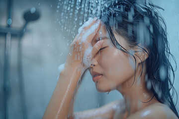 asian woman is taking a shower and shampooing her hair in the shower washing - obrazy, fototapety, plakaty