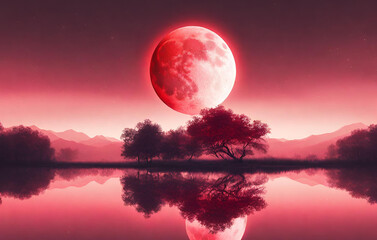 sunset over the lake, 3d illustration planet red light sky moon astronomy background wallpaper
