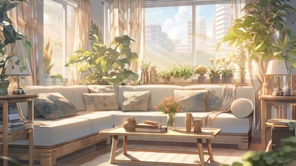 Minimalist and bright anime-style home interior with open-concept living and kitchen spaces