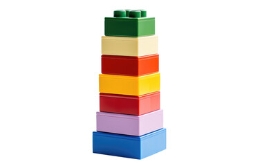 A stack of colorful Lego blocks is neatly arranged, one on top of the other. The blocks vary in size and shape, creating a sturdy structure.
