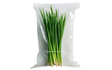 A clear image of a transparent plastic bag filled with fresh green onions. The green onions are neatly arranged and ready to be used for cooking or garnishing dishes.
