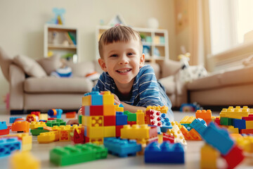 Child boy is happy to play with toy building blocks, Educational and creative toys and games for young children