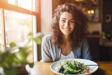 Obraz na płótnie Canvas Smiling young woman enjoys healthy vegan food in restaurant. Pleased lady appreciates both taste and health-conscious choices in cafe