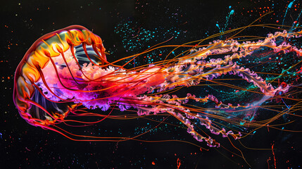 Colorful neon jellyfish on black paint splash background