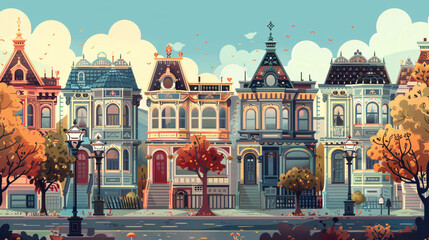 Colorful vintage Victorian city. Apartments For Rent - obrazy, fototapety, plakaty