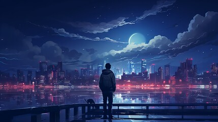 Sad and beautiful: a nighttime scene of a person contemplating life in front of a lofi manga city - obrazy, fototapety, plakaty