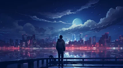 Foto op Canvas Sad and beautiful: a nighttime scene of a person contemplating life in front of a lofi manga city © Ameer
