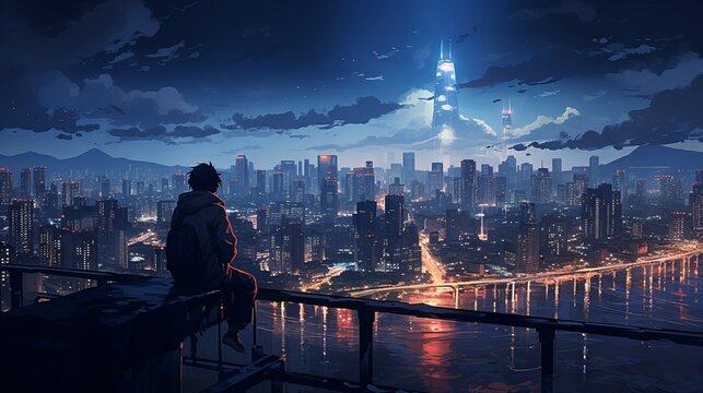 Fototapeta Sad and beautiful: a nighttime scene of a person contemplating life in front of a lofi manga city