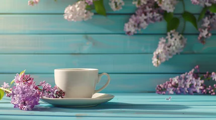 Wandcirkels aluminium Cup of coffee with milk and bouquet of lilac on blue background. © UsamaR