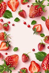 Juicy mockup background with strawberries on a white background in 3D style. Space available for text in the middle. Concept of taste, fruit, healthy eating.