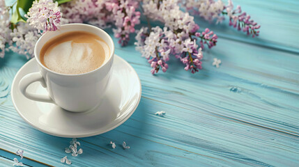 Cup of coffee with milk and bouquet of lilac on blue background.