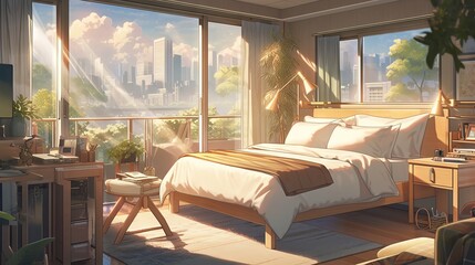 Modern bedroom with Scandinavian style and anime poster in muted colors