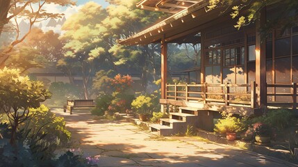 Anime-style illustration of a school background and posters in a soft and warm color palette
