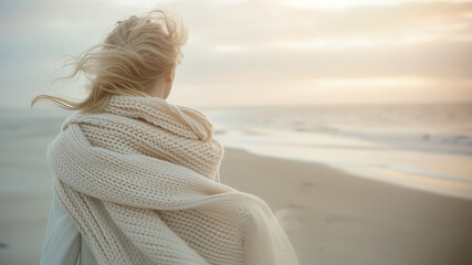 Woman with knitted scarf enjoys refined warmth of coastal walk in morning. Blonde lady wrapped with wool fabric stands alone on beach - obrazy, fototapety, plakaty