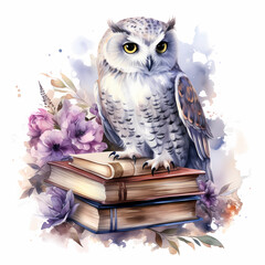 Cute watercolor white grey owl standing on a pile of books with lilac flowers on a white background png.