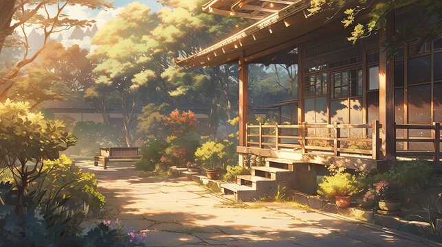 Fototapeta Anime-style illustration of a school background and posters in a soft and warm color palette