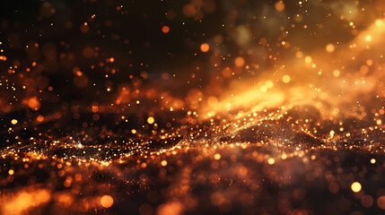 Glowing orange particles wave, abstract futuristic background.