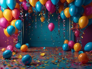 party background with colourful balloons,streamers, lights and confetti, with bright colours.