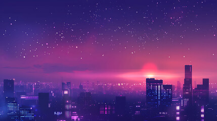 A beautiful cityscape with a purple sky and twinkling stars. The city is full of tall buildings and bright lights. - Powered by Adobe