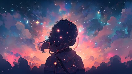A girl enjoys the midnight sky and lofi tunes: a peaceful illustration