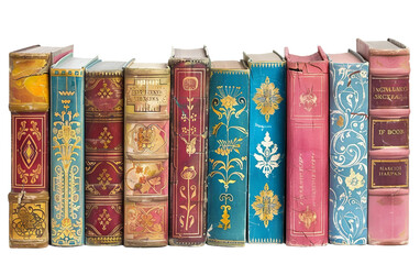 Chromatic Chronicles Books Aligned in a Horizontal Row Isolated on Transparent Background.
