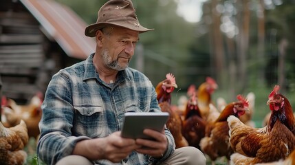 Portrait of a middle aged farmer holding a tab in front of her chicken farm with a big space for text or product, Generative AI. - obrazy, fototapety, plakaty