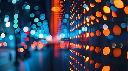 Abstract image of a building with a glass facade at night.