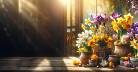 Sunlit Assortment of Spring Flowers of Crocuses and Daffodils in Pots