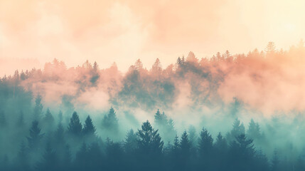 Foggy forest landscape with a hint of sunlight breaking through the trees. The image is soft and...