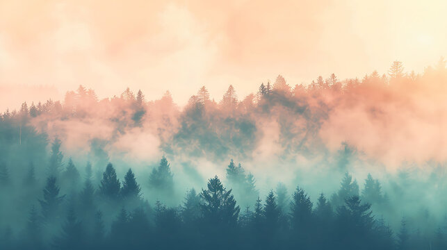 Foggy forest landscape with a hint of sunlight breaking through the trees. The image is soft and ethereal, with a dreamlike quality.